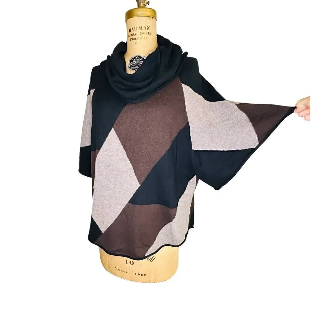 Style & Co Petite Geometric Black and Brown Cowl neck Poncho Sweater Small